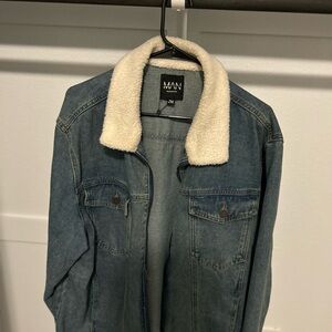 BoohooMAN Blue Denim Jacket with White Sherpa Collar